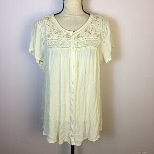 Caffe Marrakesh Blouse Shirt Top 2X Womans Plus Ivory Cream Floral Embroidered